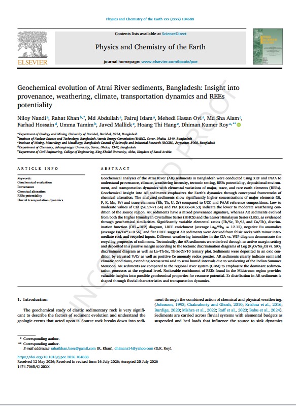 New Publication Alert: Geochemical Evolution & REE Potentiality of Atrai River Sediments